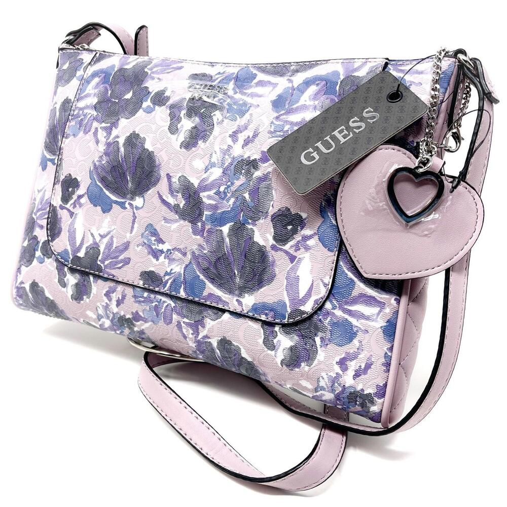 Guess Flowers Purple Shoulderbag Purse Crossbody Bag Heart Charms‎ City Lights